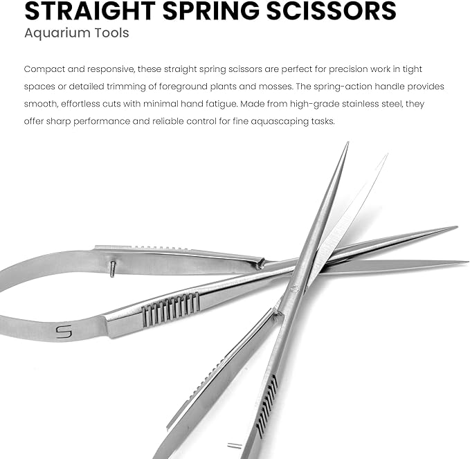 UNS Aquascaping Tools - Stainless Steel Rust Resistant Freshwater Planted Tank Saltwater Reef Aquarium Maintenance Accessory - Trimming Stem & Carpets, Coral Cutting - Straight Spring Scissors, Silver