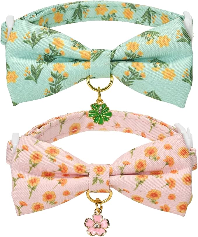 2 Pack Floral Cat Collars with Bow Tie and Bell Adjustable Breakaway Bowtie Cute Kitten Collar(Green & Yellow Flowers)