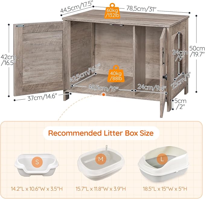 HOOBRO Litter Box Enclosure, Cat Litter Box Furniture with Removable Divider, Large Hidden Litter Box Furniture, Wooden Cat House, End Side Table, 31" L x 17.5" W x 19.7" H, Greige BG03MW01G2