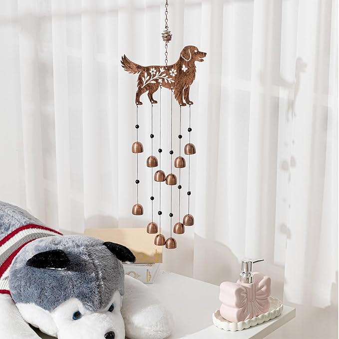 24 Inch Metal Wind Chimes Decor for Outside Garden Birthday Gift for Women Men Bronze Windchimes Pet Memorial Gift with 12 Bell for Patio Yard Lawn Housewarming Front Yard(Golden Retriever)