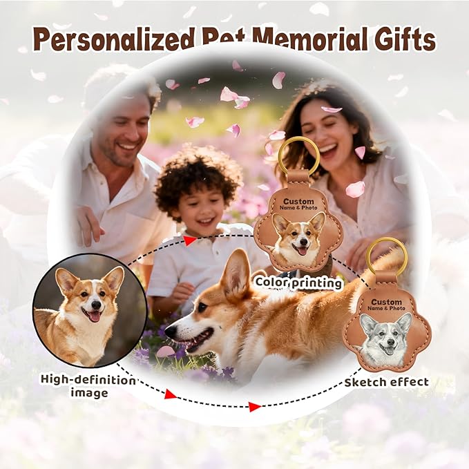 Personalized Pet Memorial Gifts for Dogs, Custom Name Paw Shaped Leather Keychain, Dog Fur Keepsake for Bag or Key