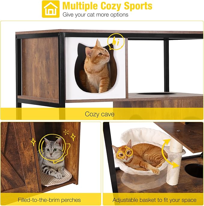 Aivituvin Cat Litter Box Enclosure, Litter Box Furniture Hidden, Wooden Cat Washroom Furniture, Indoor Cats House with Condo, Hammock, Scratching Mat and Storage Shelves