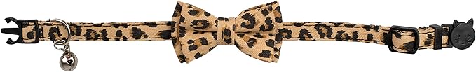 Collar for Cat Pet Breakaway with Bell Bowtie Detachable Bow Adjustable Safety Kitten Puppy Girl Boy 2pcs Beige Leopard & Pure