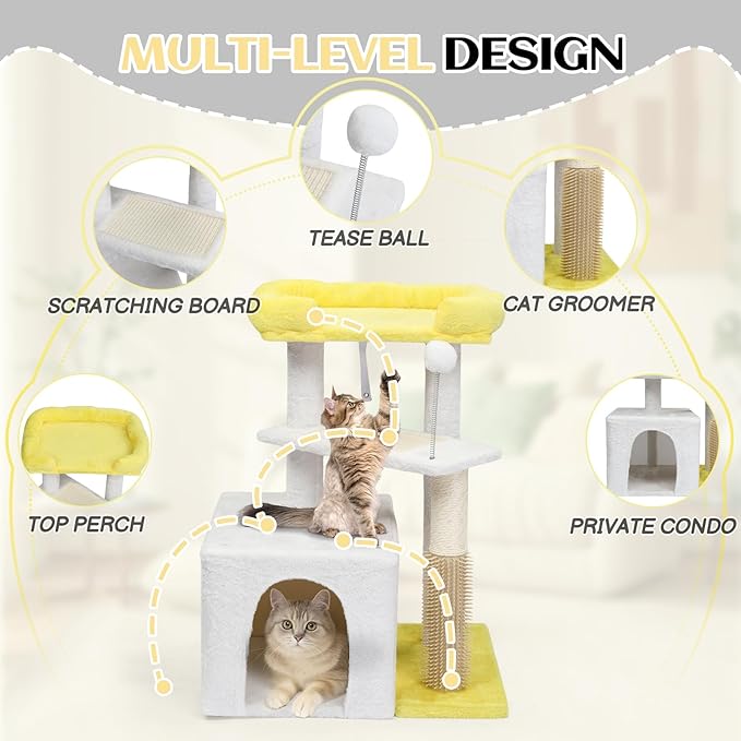 VINGLI Cat Tree, 27 inch Small Cat Tower with Scratching Post and Pad, Cat Condo for Indoor Kittens Padded Top Bed, Cats Indoor Activity Center (Yellow & White)