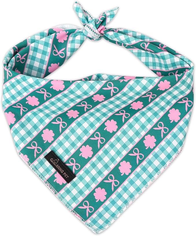 ARING PET St Patrick's Day Dog Bandana, Cute Green Grid Pink Clover Shamrocks Bow Pet Bandanas Scarf Triangle Bibs Handkerchief for Puppy Small Medium Large Boy Girl Dogs-S