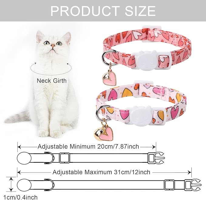 Lionet Paws 2pcs Pack Valentine's Day Cotton Cat Collar,Dot Heart Breakaway Buckle with Red Pink Love Cute Adjustable Cat Kitten Collar,Ideal for Girl Cats