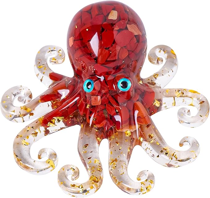 Natural Crystal Red Jasper Gravel Octopus Resin Marine Animals Fish Tank Decorative Ornaments Statue Healing Crystal Home Decor Ladies Gift 3.93"
