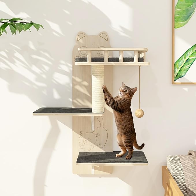 Cat Wall Shelves, 3 Platform Kitten Wall Furniture, DIY for Painting Cats Scratching Post with Sisal Scratching Post and Ball Toy