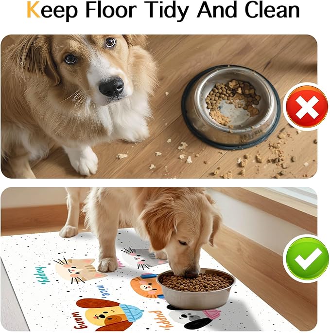 Pet Feeding Mat 24x16 inch Cat and Dog Print Meal Pad Non Slip Floor Mat for Food and Water Indoor Feeding Station Cute Pet Bowl Placemat for Small Cats and Dogs Kitchen Use