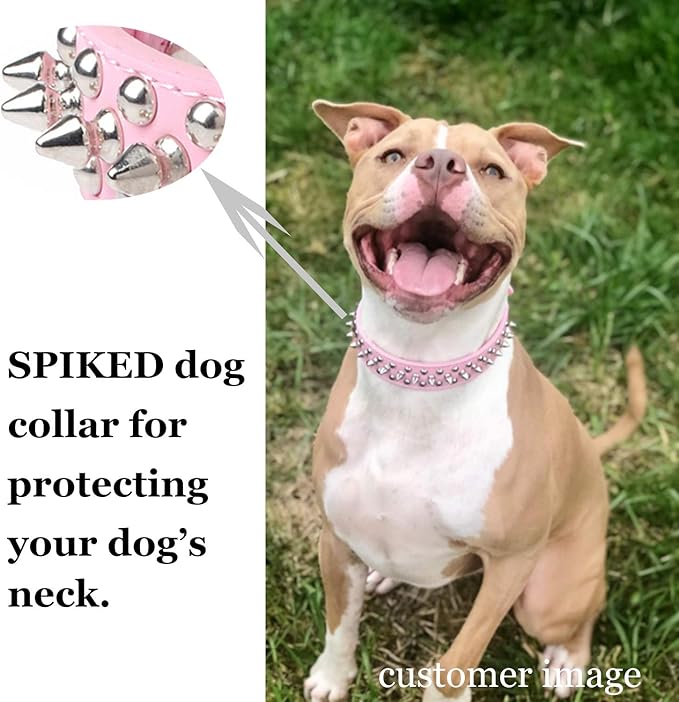 TEEMERRYCA Adjustable Leather Spiked Studded Dog Collars with a Squeak Ball Gift for Small Medium Large Pets Like Cats/Pit Bull/Bulldog/Pugs/Husky, Pink, S 10.8-13.2 inches