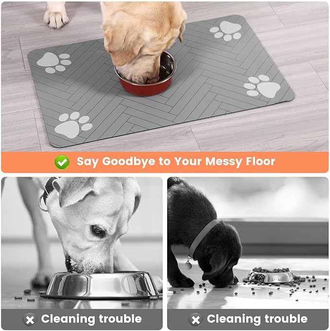 Pet Feeding Mat-Absorbent Pet Placemat for Food and Water Bowl, with Waterproof Rubber Backing, Quick Dry Water Dispenser Mat for Dog and Cat (27"x17", Striped Light Gray)