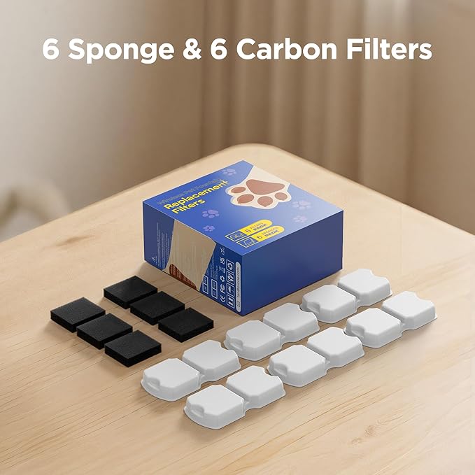 Cat Water Fountain Filters: Cat Fountain Filter Replacement (12 Pcs) - 3 Months Set of Replacement Filters for ATMZIQXR Pet Fountains S18 - Contains 6 Carbon Filters + 6 Sponges Filters