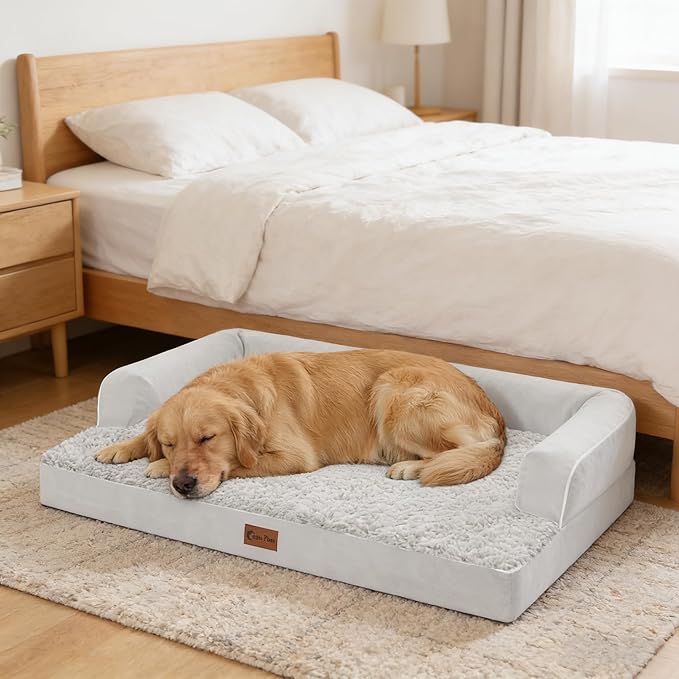 Orthopedic Dog Beds for Extra Large Dogs, Waterproof Egg Crate Foam XL Dog Bed with Sides 45x35Inch, Big Dogs Couch Beds with Removable Washable Cover and Nonskid Bottom, Grey White