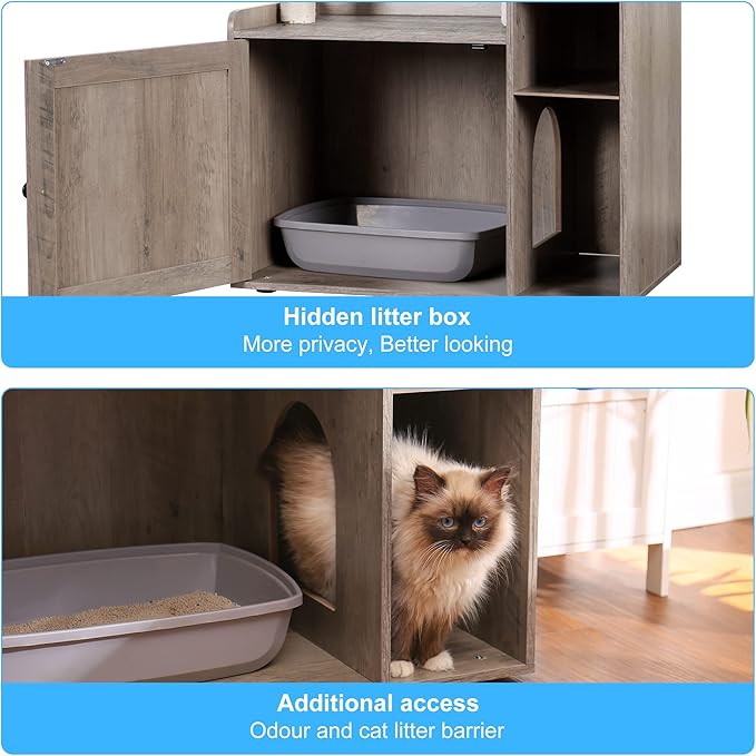 Hey-brother Cat Tree with XL Litter Box Enclosure, All-in-one Cat Tower for Indoor Cats with Large Hammock, Bed, Food Station, Scratching Posts, Modern Style Pet Furniture, Rustic Gray MPJ101SG