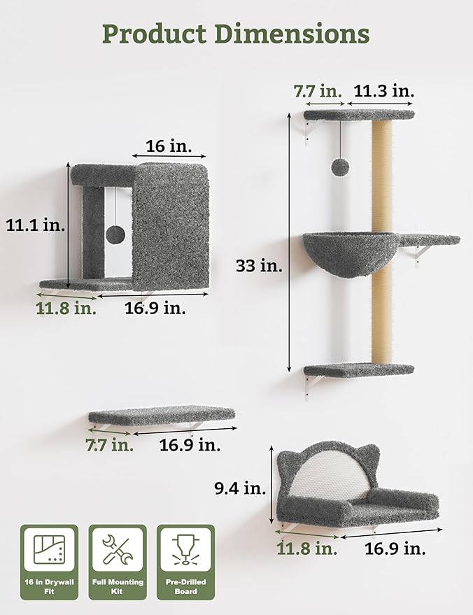 5-in-1 Cat Wall Shelves, Solid Wood & Velvet & Sisal Scratcher, 44lbs Max Load, Wall Mounted Cat Furniture for Climbers, Cat Climbing Wall System, Fits Drywall & Solid Walls - Cool Gray