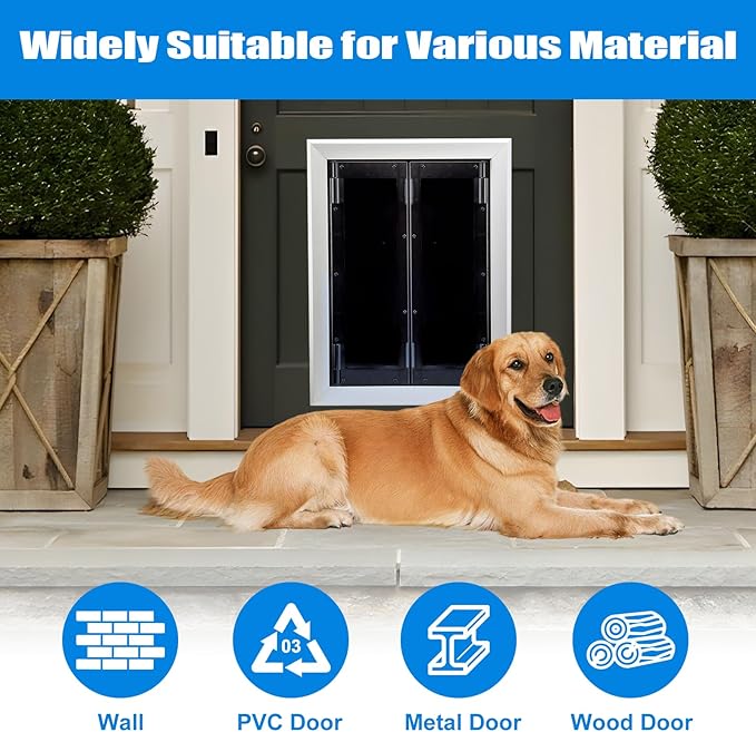Aluminum Pet Door with Panels,Durable Dog Door with Automatic Closing Magnetic Flaps, Slide-in Panel & 4 Security Locks, Ideal for Interior and Exterior Doors, Screen and Wall, Medium, Sliver