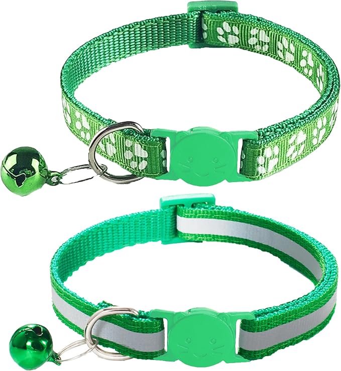 2 Pack Breakaway Cat Collars with Bells, Reflective Design and Claw Print Design, Safety Buckle, Adjustable 7.5-12.5 Inches for Kittens & Cats (Green)