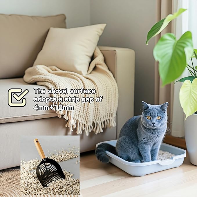 Chinshwehaw Premium Stainless Steel Cat Litter Scoop-Triple Guard Walls&Non-Stick Design,Silver,Flat Shovel Head Design Solid Deep Edge Wood Handle,Dual Hooks 1Pack,6.1x5.3inch (Black Long Strip)