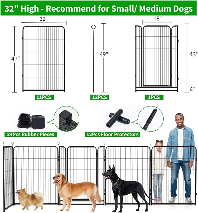 Dog Playpen Outdoor Extra Wide 12 Piece Panels Heavy Duty Dog Fence 47" Height Anti-Rust with Doors Portable for RV Camping Yard, Total 32FT, 79 Sq.ft, Snowy Black