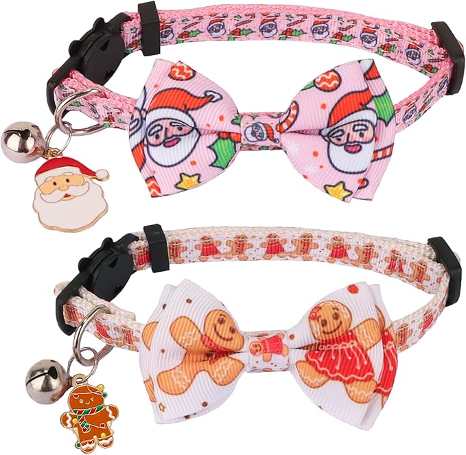 ADOGGYGO Pink Christmas Cat Collar with Removable Bowtie Bell, 2 Pack Pink Santa Gingerbread Man Christmas Collars for Female Cat Kitten