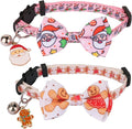ADOGGYGO Pink Christmas Cat Collar with Removable Bowtie Bell, 2 Pack Pink Santa Gingerbread Man Christmas Collars for Female Cat Kitten