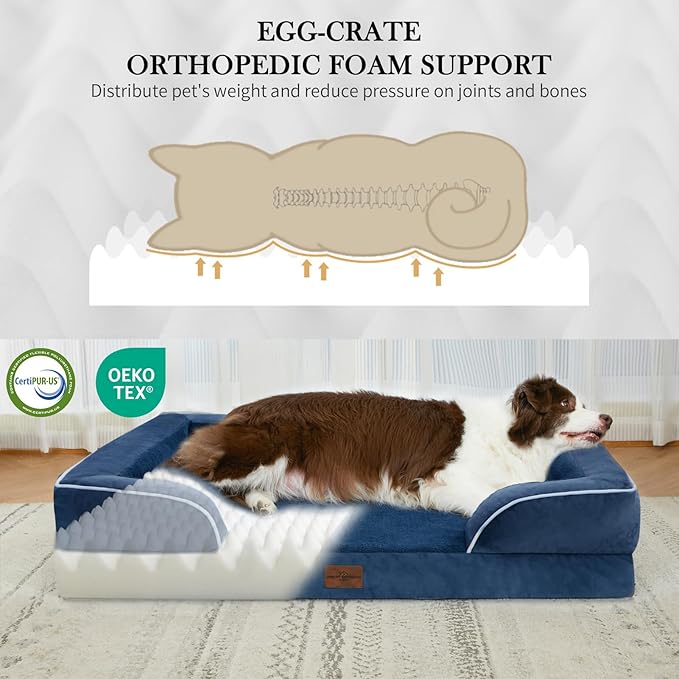 Comfort Expression Orthopedic Dog Bed for Small Dogs 24x16 Inch, Waterproof Supportive Egg Crate Foam Small Pet Bed with Removable Bolsters, Dog Couch with Washable Cover & Non-Slip Bottom, Navy Blue