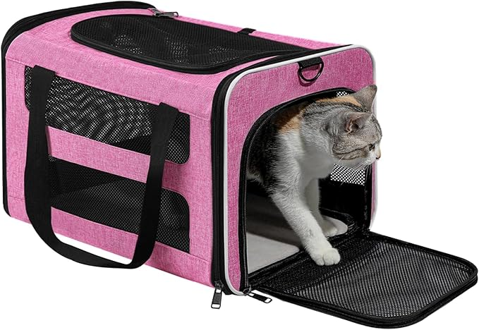 Cat Carrier Soft-Sided Travel Bag for Medium to Large Cats Over 15lbs, Small Dog Carrier Crate Top Entry Breathable Mesh Puppy 12 Pounds, Pet Rabbit Carrying Cage Kennel Collapsible Pink