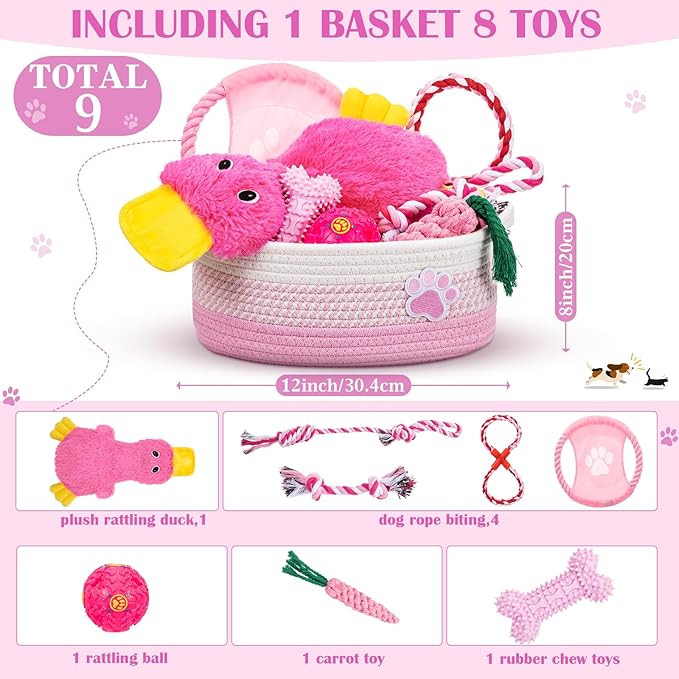 Zopeal Puppy Dog Toy Gift Storage Basket with Dog Toys Set Chew Toys Birthday Gift Basket Teething Interactive Squeaky Duck for Teething Small Medium Large Dogs(Pink)