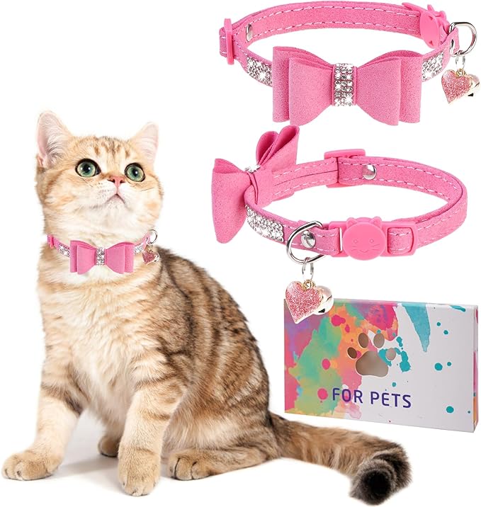 Rhinestone Cat Collar with Bow, Breakaway Elegant Female Diamond Cat Collars with Bell, Pink Leather Sparkly Bowtie Pet Collar for Girl Boy Small Kitten Puppy with Safety Buckle, 8-12"