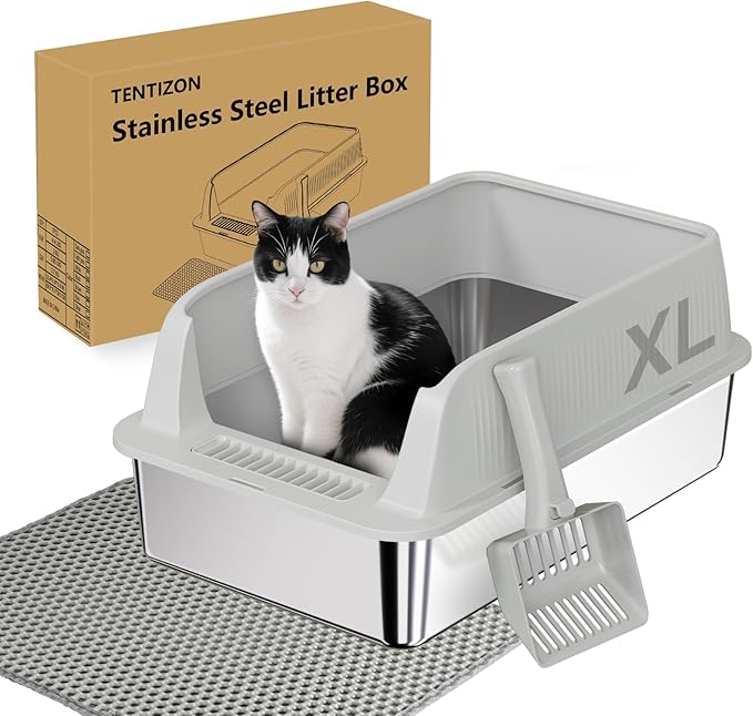 TENTIZON Large Stainless Steel Cat Litter Box, Open Top Metal Kitty Litter Tray with High Sides, Litter Mat, Scoop for Indoor Cats, Kitten,Big Cats, No Odor, No Mess, Leak Proof, Easy Clean