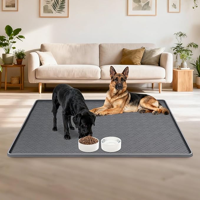 Lanstics Dog Food Mat, 42" x29" Large Silicone Mat Dog Feeding Mat with Raised Edge Non-Slip Pet Feeding Mat for Food and Water Bowl, Easy to Clean, Floor Protection (Dark Gray)