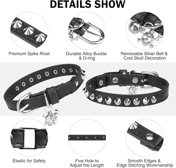 Leather Cat Collars for Boy Girl Cats with Bell and Safety Elastic Belt, Personalized Rivets Stud Adjustable Safe Buckle Collar with Skull Charm for Kitty Small Pets, Black 7"-9"