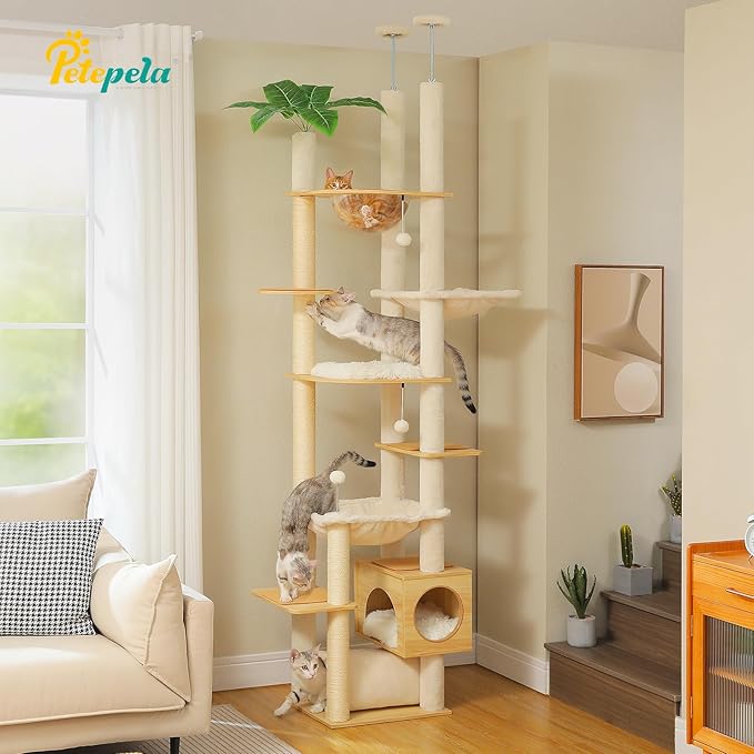 PETEPELA Floor to Ceiling Cat Tree,93.3''-100.8'' Height Adjustable Wooden Cat Tower, Tall Modern Climbing Tree with Large Hammock, Soft Perch and Scratching Post for Indoor Cats Large Adult, Beige