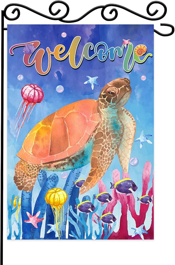 Welcome To Undersea World Garden Flag,Seasonal Outdoor Flag,Welcome Sea Turtle Garden Flag,Vertical Double Side 12x18 Inch