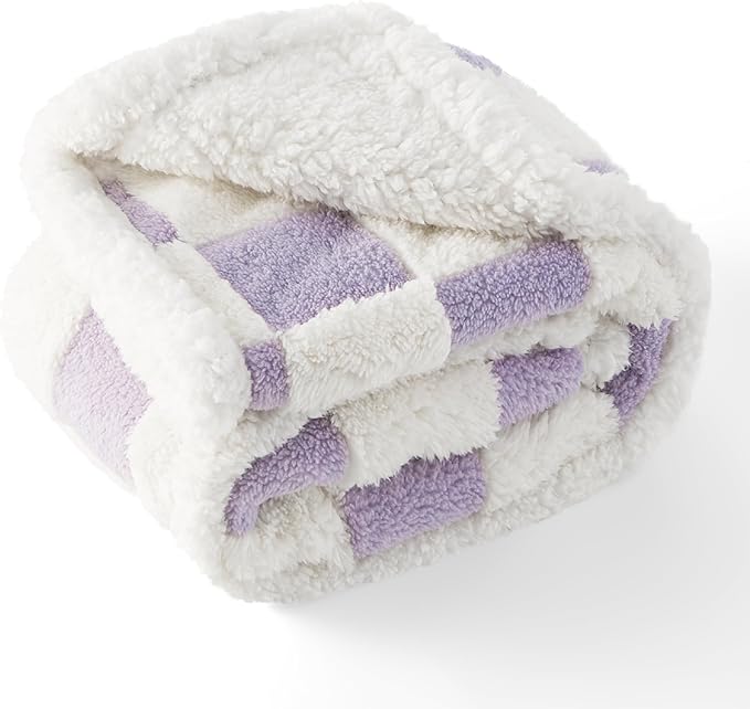 LE SURE Waterproof Dog Blanket for Large Dogs - Washable Double Sided Dog Blankets with Warm Jacquard Shag and Soft Sherpa Fleece, Pet Cat Blanket for Couch Protection, 3D Textured Checks, Purple