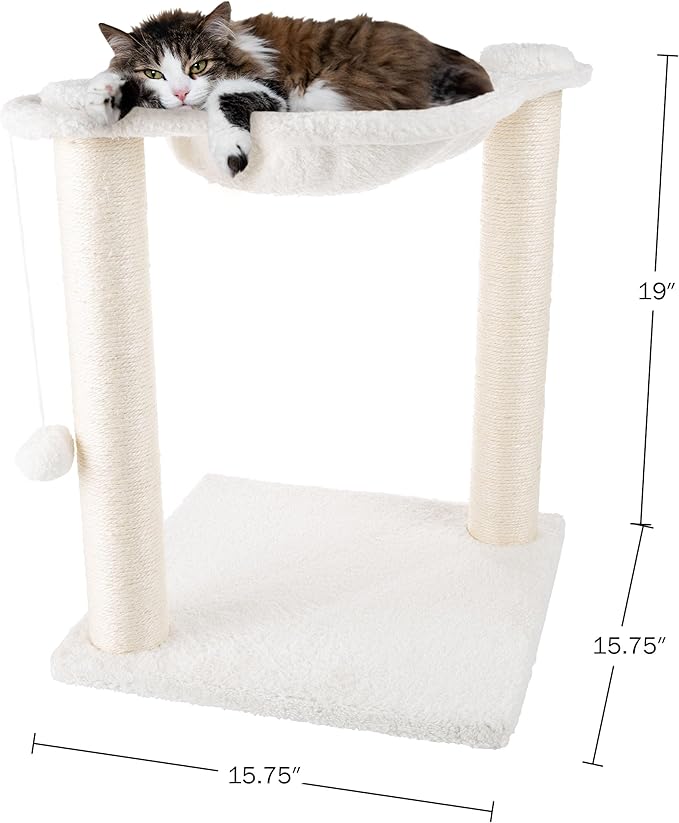 19-Inch Cat Scratching Post with Hammock ? Sisal Fabric and Carpet Small Cat Tree, Hanging Ball Toy for Adult Cats and Kittens by PETMAKER (White)