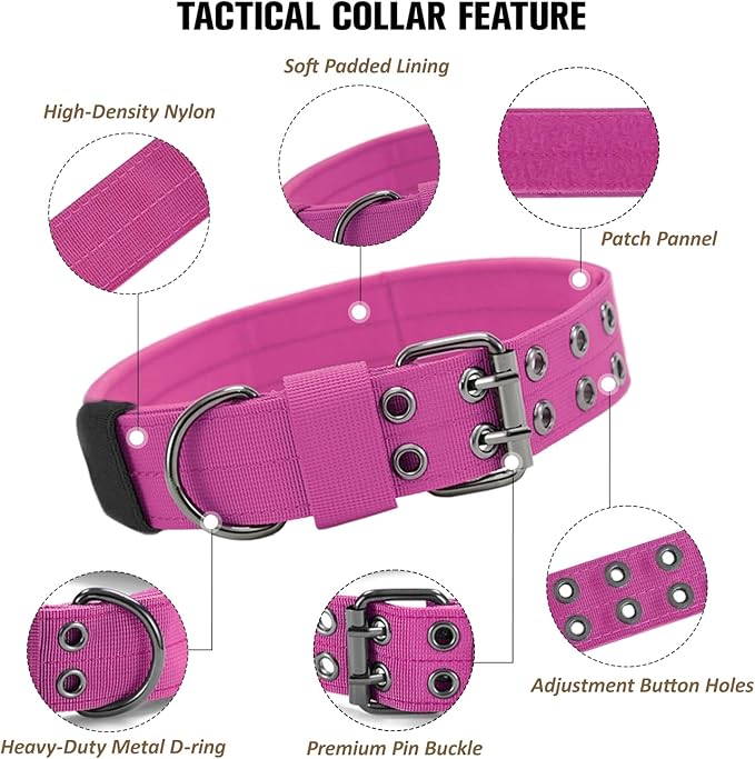 Tactical Dog Collar with Handle, Military Adjustable Heavy Duty Metal Buckle Dog Collars Soft Nylon Training Collar for Medium Large Dogs (Pink, Large)