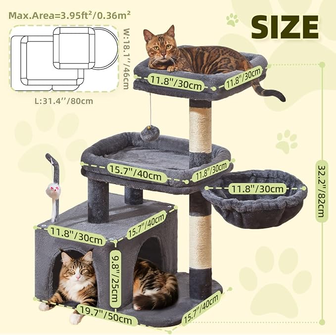 Taoqimiao MS043G Cat Tree, 32.2-Inch Cat Tower for Indoors Cats, Cat Condo with Large Cat Perch, Spacious Cat Cave, Scratching Posts for Small and Medium Cats, Smoky Gray