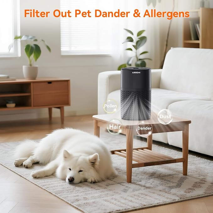 AIRROMI Pets Air Purifier for Home Allergies,Up to 660 ft².HEPA Deodorizing Activated Carbon Filter,With Fragrance Sponge for Better Sleep,Night Light,Pet Dander,Smoke,Odors,Air Cleaner A2002 Black