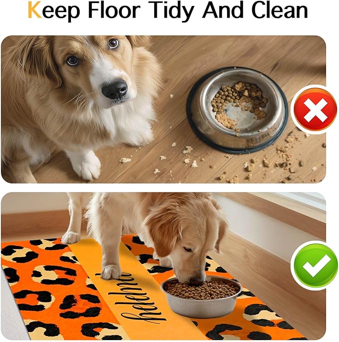 Puppy Feeding Mat 24x16 inch Orange Leopard Print Pet Bowl Placemat Non Slip Floor Mat for Food and Water Indoor Dog Feeding Station Cute Meal Pad for Small Pets Kitchen Use
