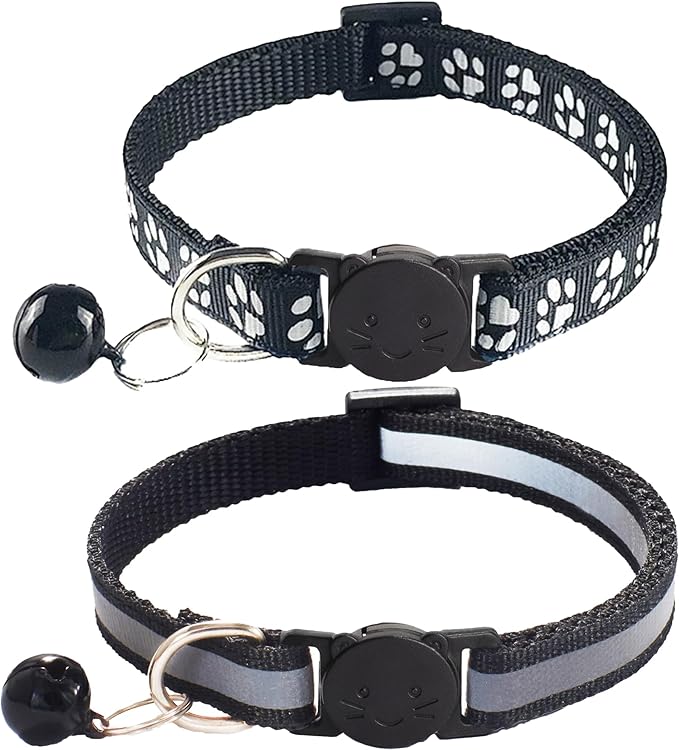 2 Pack Breakaway Cat Collars with Bells, Reflective Design and Claw Print Design, Safety Buckle, Adjustable 7.5-12.5 Inches for Kittens & Cats (Black)