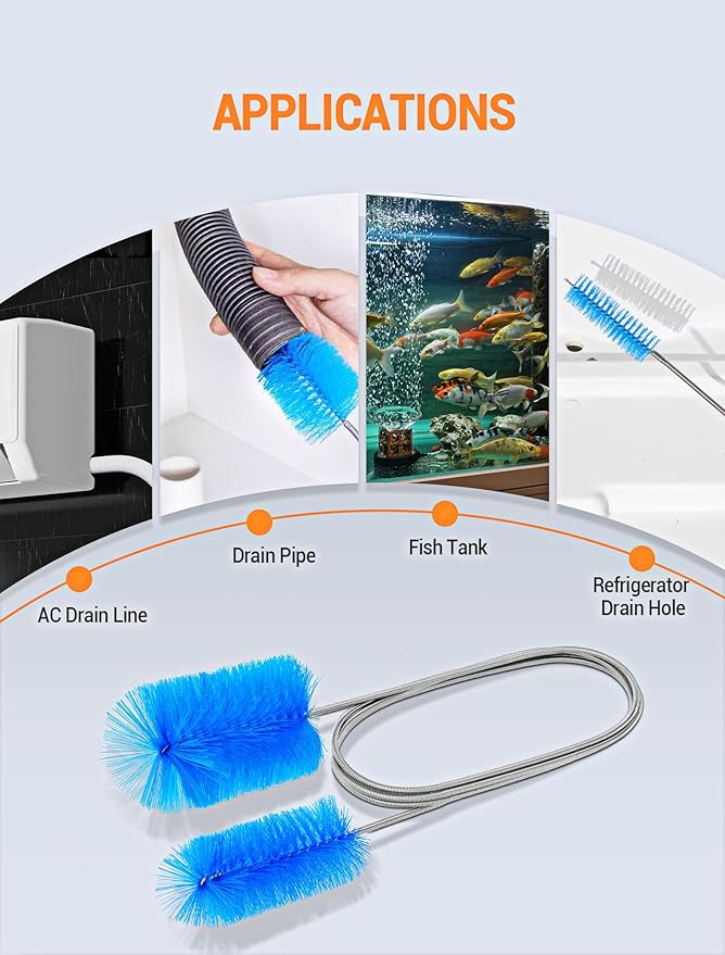 66" Flexible Drain Brush Tool with Large Brush Head and Double Elastic Nylon Ends, Stainless Steel Long Tube Cleaning Brushes for Kitchen, Sink, Drain Pipe and Long Pipe Cleaning