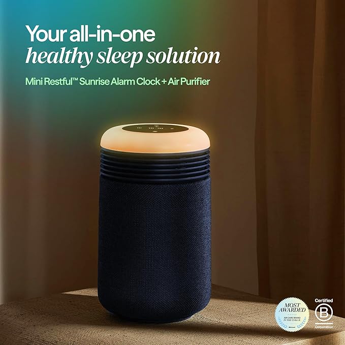 BLUEAIR Purifier for Bedroom - Mini Restful - Sunrise Clock with HEPASilent Filtration and Wake Up Light - Cleans Air and Supports Circadian Rhythm - USB-C and App Connectivity, Blue