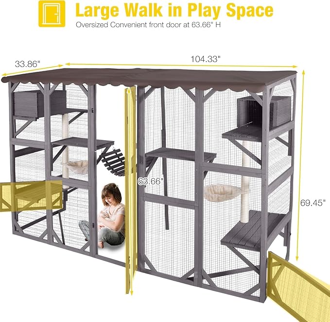 Aivituvin Catio Outdoor Cat Enclosure Window, Wall-Mounted Large Walk-in Cat Playpen with Scratch Posts, Basket, Platform, Bridge and Sleeping House— Safe, Weatherproof Cats Patio for Multiple Cats