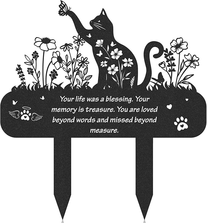 Cat Memorial Grave Stakes - Metal Wildflower Loss Pets Cemetery Markers Decorations for Humans Black Butterfly Lover Plaques Decor for Outdoor Garden Waterproof Sympathy Yard Remembrance Gift