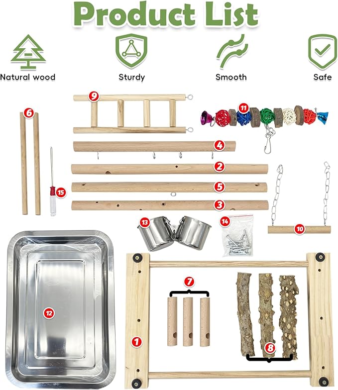 kathson Bird Playground Parrot Perch Stand Toys, Birds Wood Play Gym Activity Center Exercise Playpen Ladder Swing with Feeder Cups Chewing Toy(Include a Tray)