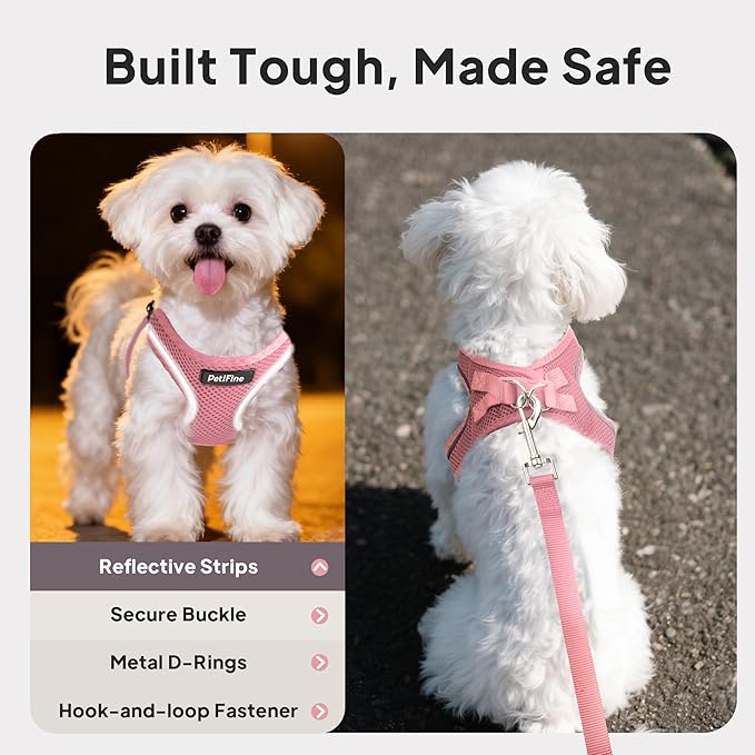PetiFine Step in Small Dog Harness and Leash Set, Breathable All Weather Air Mesh Reflective Escape Proof, Step-in Vest Harnesses for Puppy(XS, Pink)