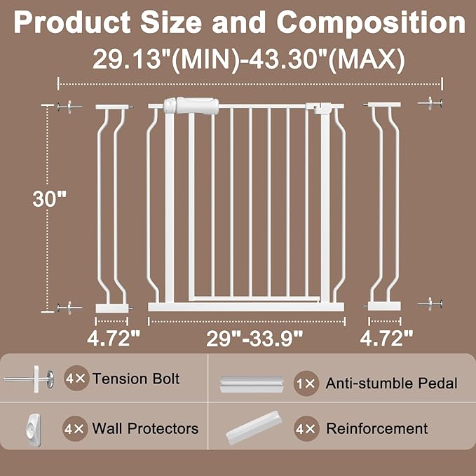 WAOWAO Baby Gate 29.13-43.3" Extra Wide Pressure Mounted Walk Through Swing Auto Close Safety White Metal Toddler Kids Child Dog Pet Puppy for Stairs,Doorways,Kitchen