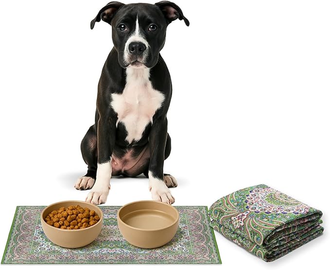 LOVEWAG Waterproof 2-Pack Pet Feeding Mats - 16" x 24" Premium Cat & Dog Food Mat - Non-Slip, Machine Washable Food Mat Protects Floors & Contains Water Bowl Spills - Pet Place Mats (Peacock Garden)