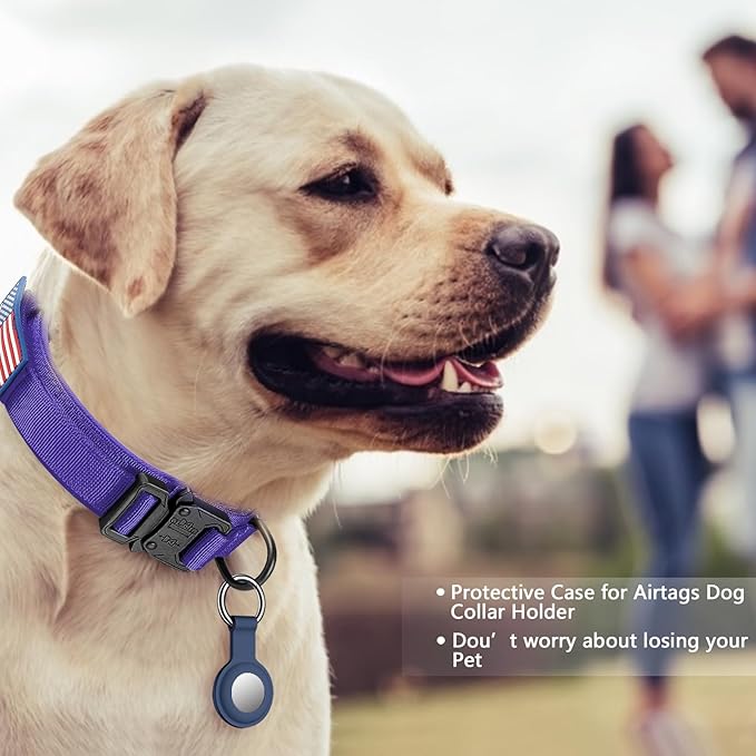 DAGANXI Tactical Dog Collar, Adjustable Military Training Nylon Dog Collar with Control Handle and Heavy Metal Buckle for Medium and Large Dogs, with Patches and Airtags Case (Purple, M)